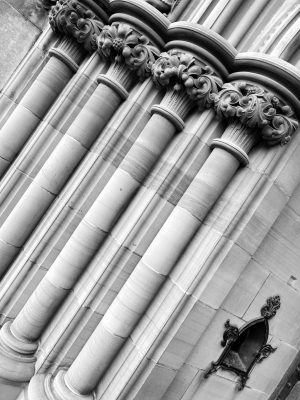 Black and White Image of gothic style pillars